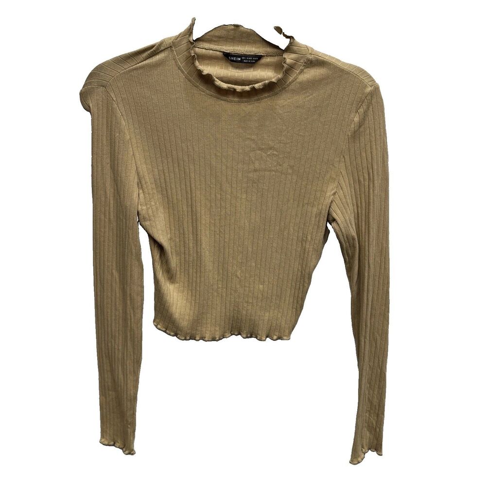 Shein Long Sleeve Ribbed Crop Top L Stretch Beige Lettuce Trim Pullover Cotton